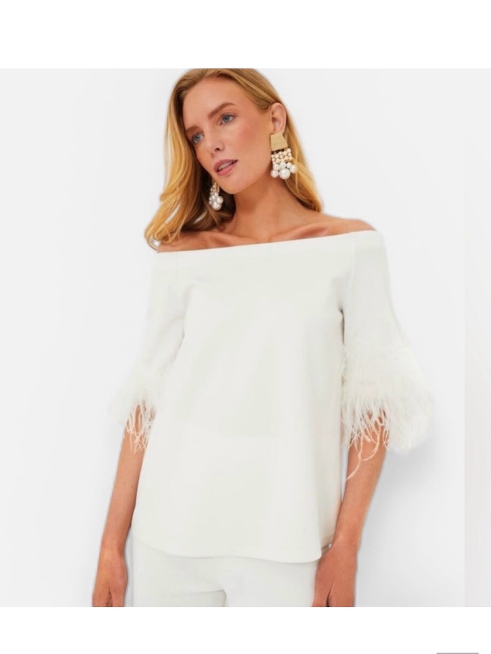 NEW with tags! Tuckernuck White Off-the-Shoulder Feather Sleeve Top